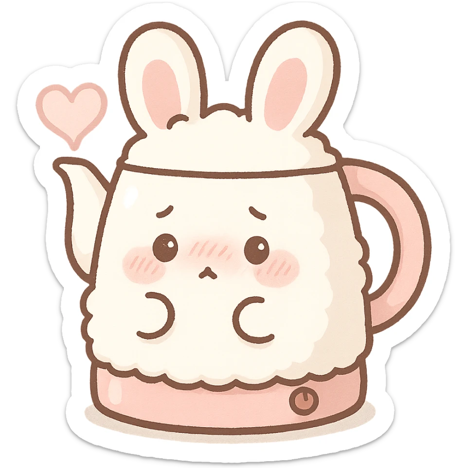 kawaii electric kettle shaped like a shy soft fluffy bunny, with steam heart, pastel white and pink, full-body sticker