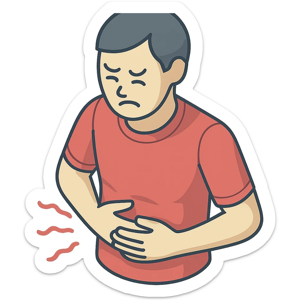 torso of a little person holding stomach, grimacing in pain, pain waves around, 2d isometric style, shadows and highlights, only torso, stomach, and arms, transparent background sticker