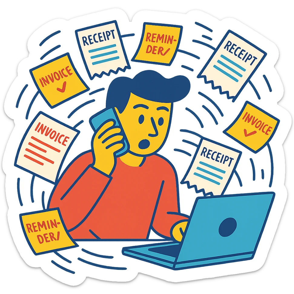 person holding a phone in one hand, laptop open in front, storm of receipts, invoices, and reminders swirling around, multitasking chaos sticker