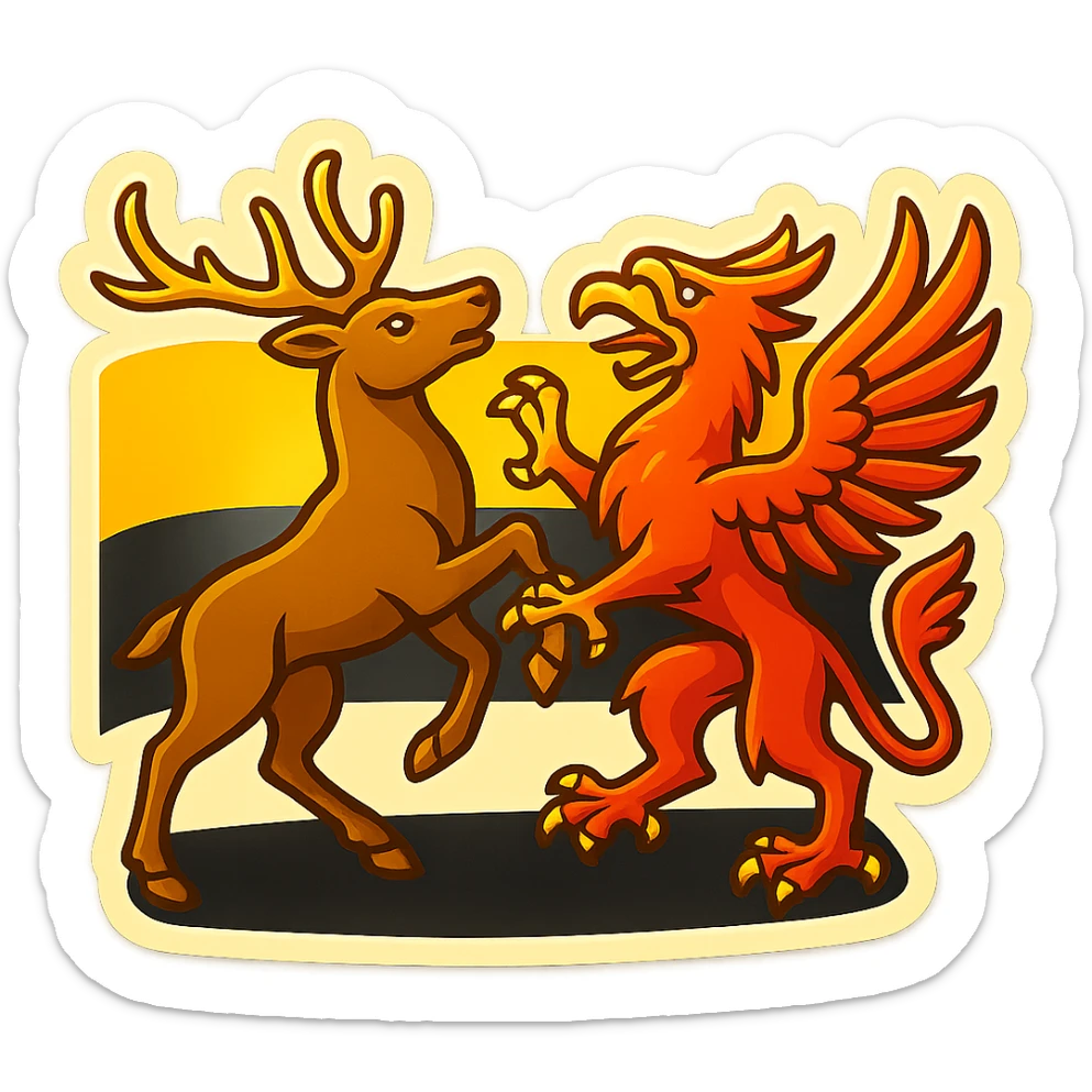 Create an emoji of the Baden-Württemberg coat of arms animal featuring a stag and griffin. The style should be less cartoonish and match the retro stickers style as seen in the first Berlin icon from the last batch. Use the Baden-Württemberg flag as the background. No text included. sticker