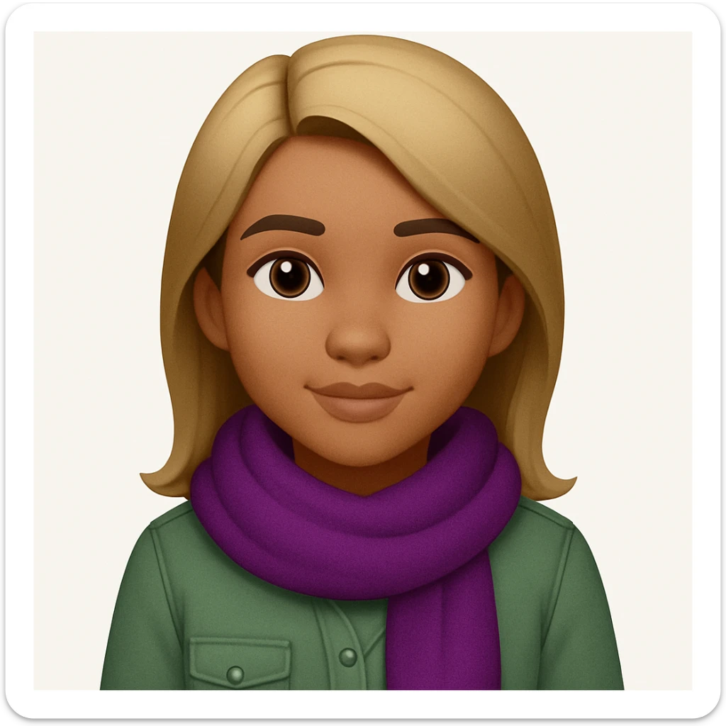 Edit the image of a girl with wheatish complexion, light green shirt, and jeans to change the scarf color to purple. Keep the rest of the image the same. The original style is emoji style, so maintain a simple and clean emoji-like appearance. sticker