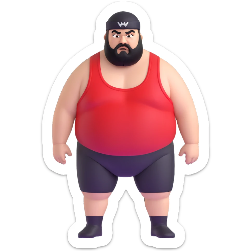 Extreme close-up of face of morbidly obese white skin guy with young face, prominent BLACK DURAG tied clearly on head, distinct black beard and mustache, black eyes in a red and black wrestling singlet with angry expression sticker