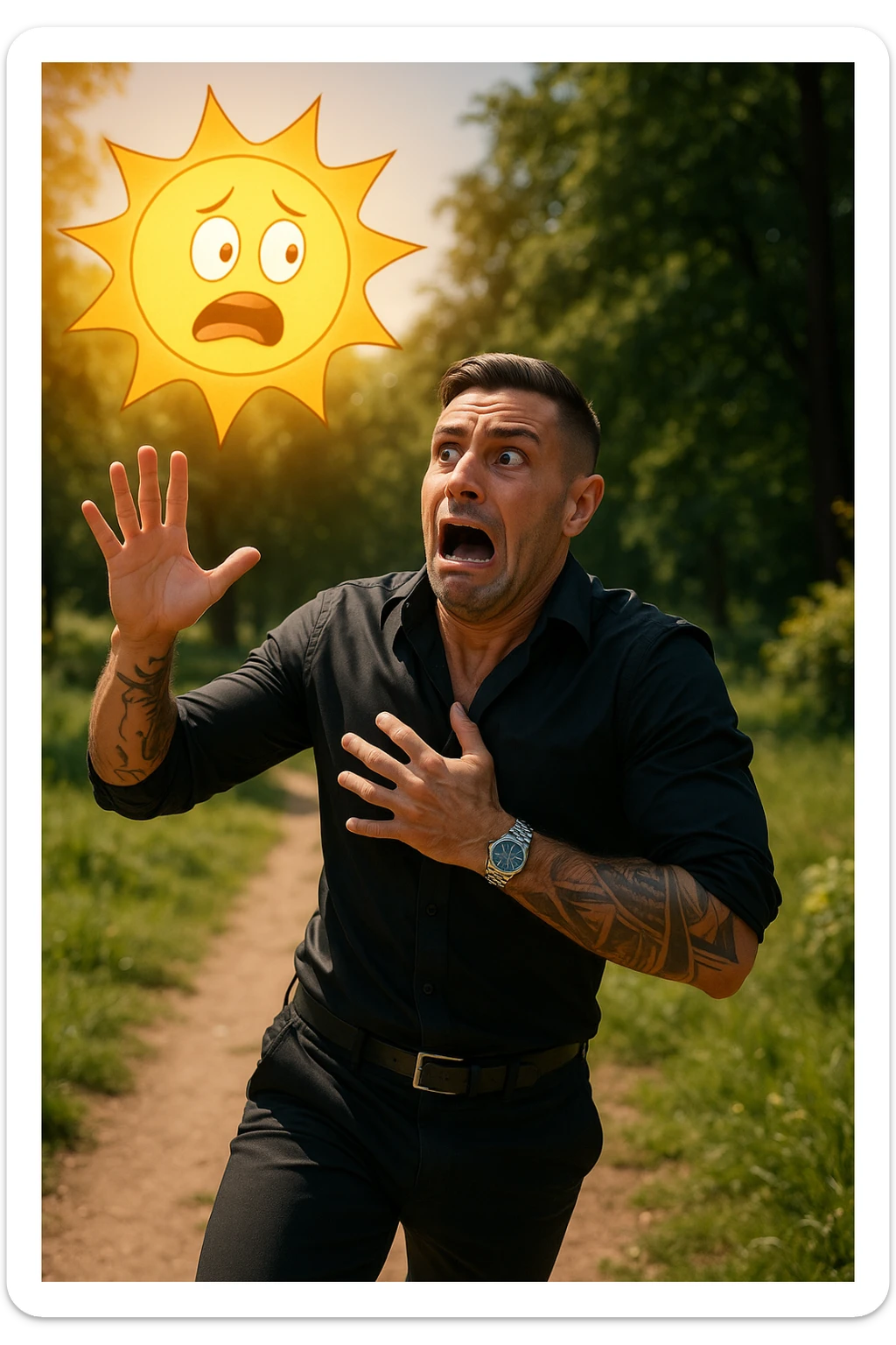 Uomo che corre via dal sole spaventato perchè pensa sia nocivo realistica sticker