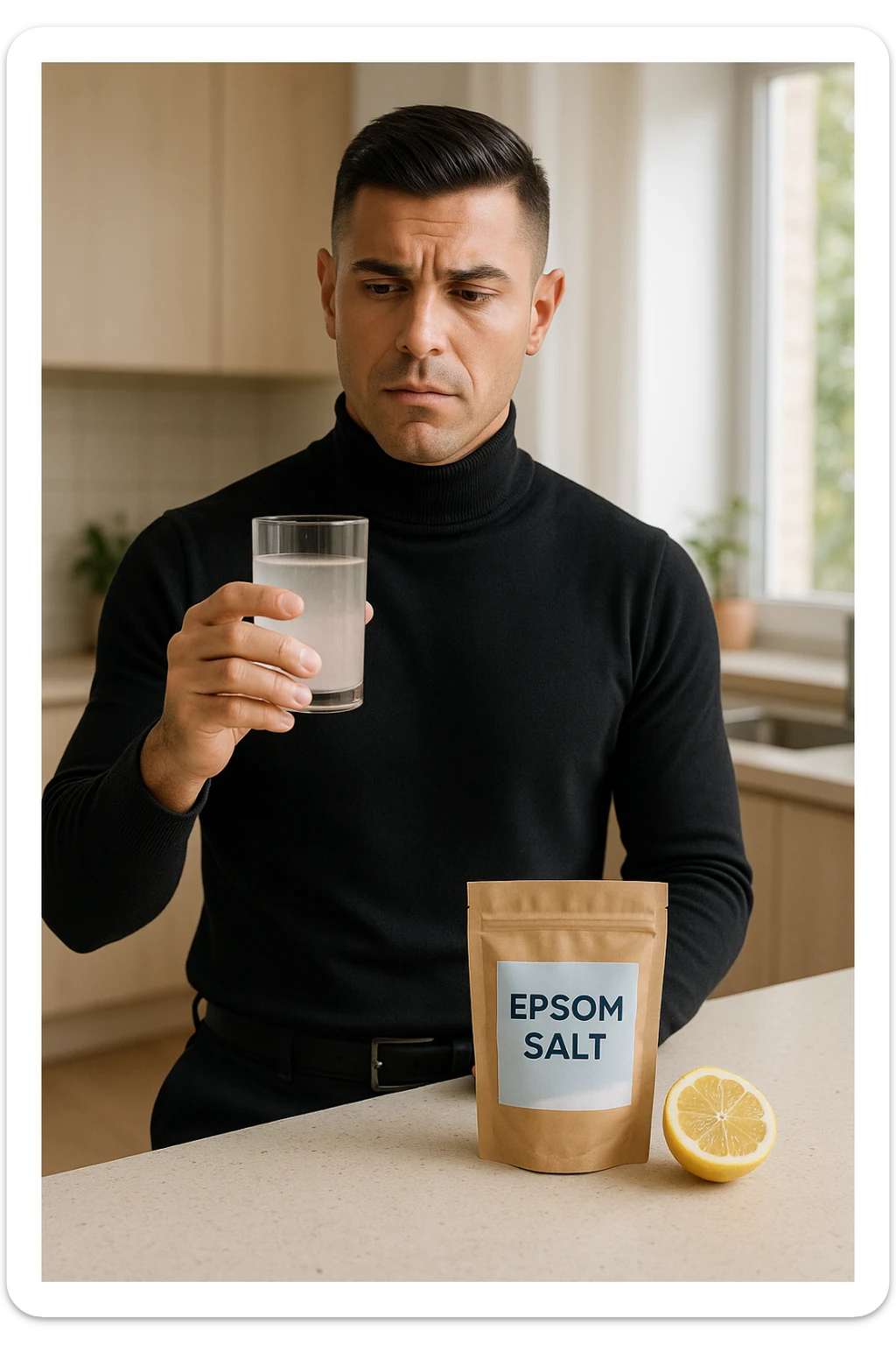 A realistic, bright photo-style image of a young man in his 30s standing in his kitchen, holding a clear glass filled with water in which Epsom salt (magnesium sulfate) has been dissolved. He looks focused but slightly uncertain as he prepares to drink it for a liver flush or digestive cleanse. The glass shows slight cloudiness from the dissolved salt. On the counter are a packet labeled 'Epsom Salt' and a sliced lemon, suggesting he might use it to mask the taste. The setting is clean, natural, and bright with neutral tones. The background shows sunlight streaming through a window, emphasizing a clean, minimalist health-focused environment. The mood conveys a realistic, calm moment of self-care with a hint of discomfort, illustrating a natural detox practice in italiano sticker