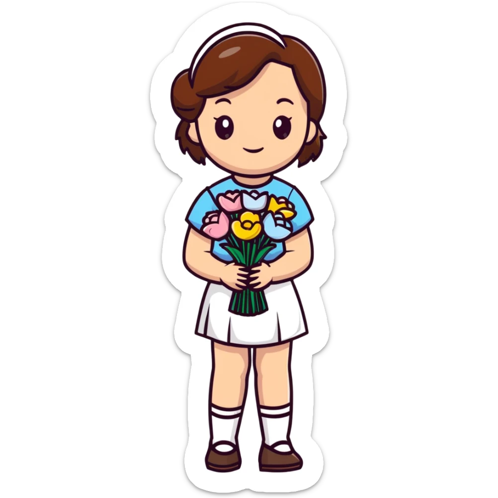 girl with brown hair wearing a white skirt holding a bouquet of flowers sticker