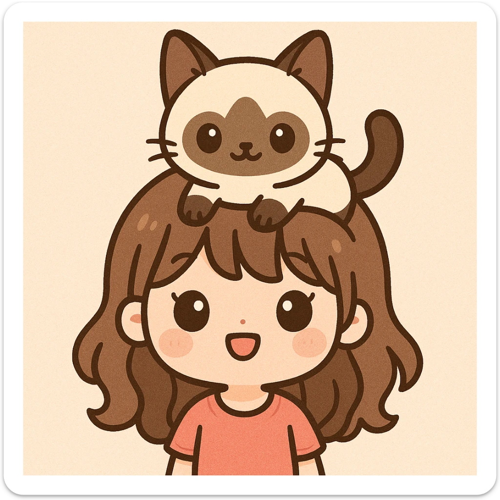a cute girl with a siamese cat sitting on her head, kawaii style, cute and charming sticker