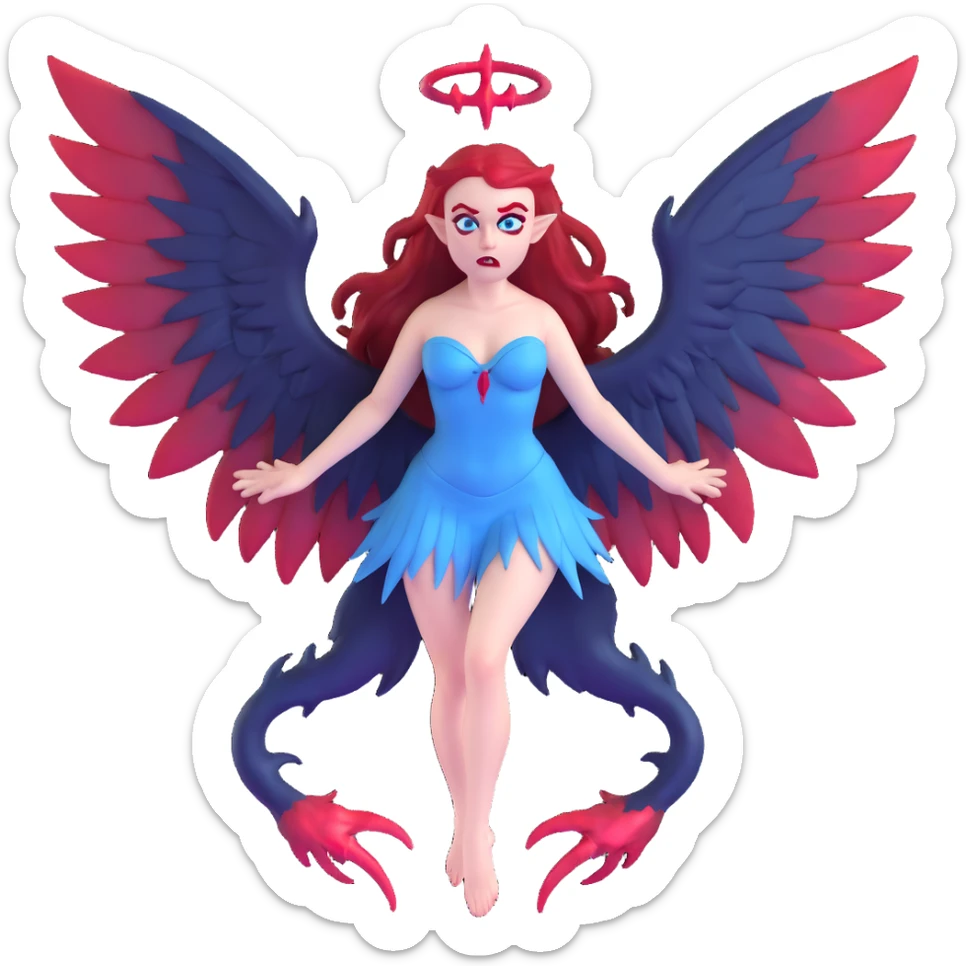 extremely diabolical demon girl with enormous high reaching wings, blood red hair, sinister glowing blue eyes, dark hellish aura, no horns, fangs sticker