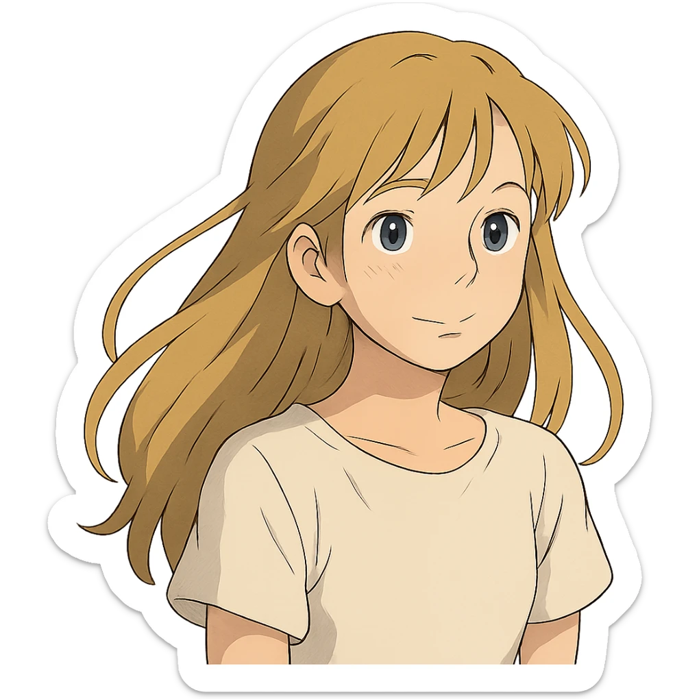 girl with long dirty blond hair, blue eyes, wearing a white top in ghibli style sticker