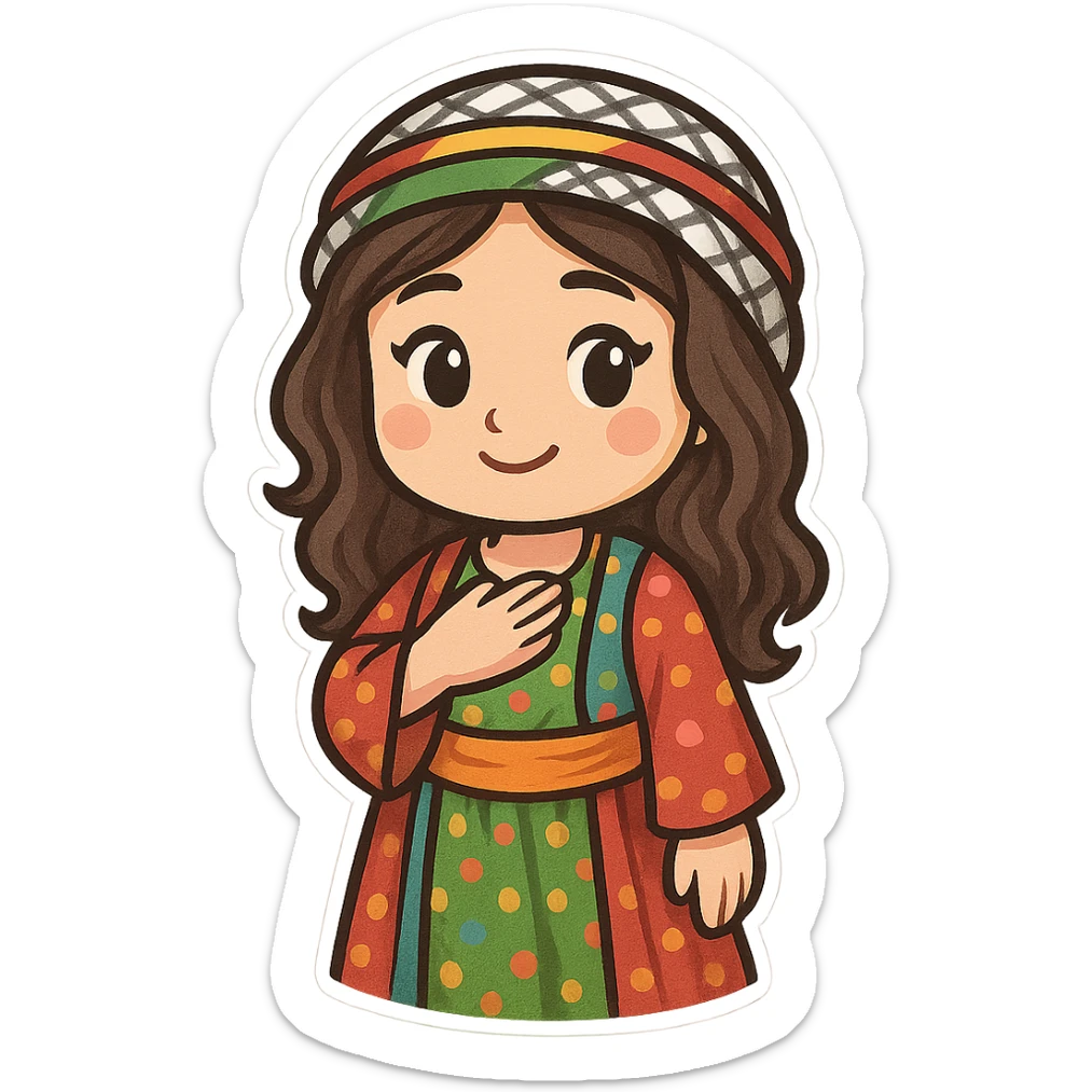 cartoon sticker of a Kurdish woman in traditional female clothing, hand on chest (salute) pose, gentle smile, colorful and cheerful, no text, suitable for WhatsApp and Instagram sticker