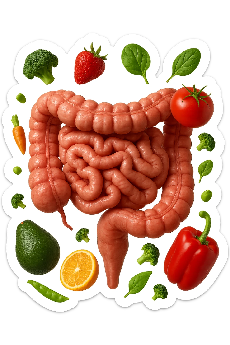 frutta e verdura fluttua intorno ad un intestino umano anatomico realistico, iperrealistico 4k sticker