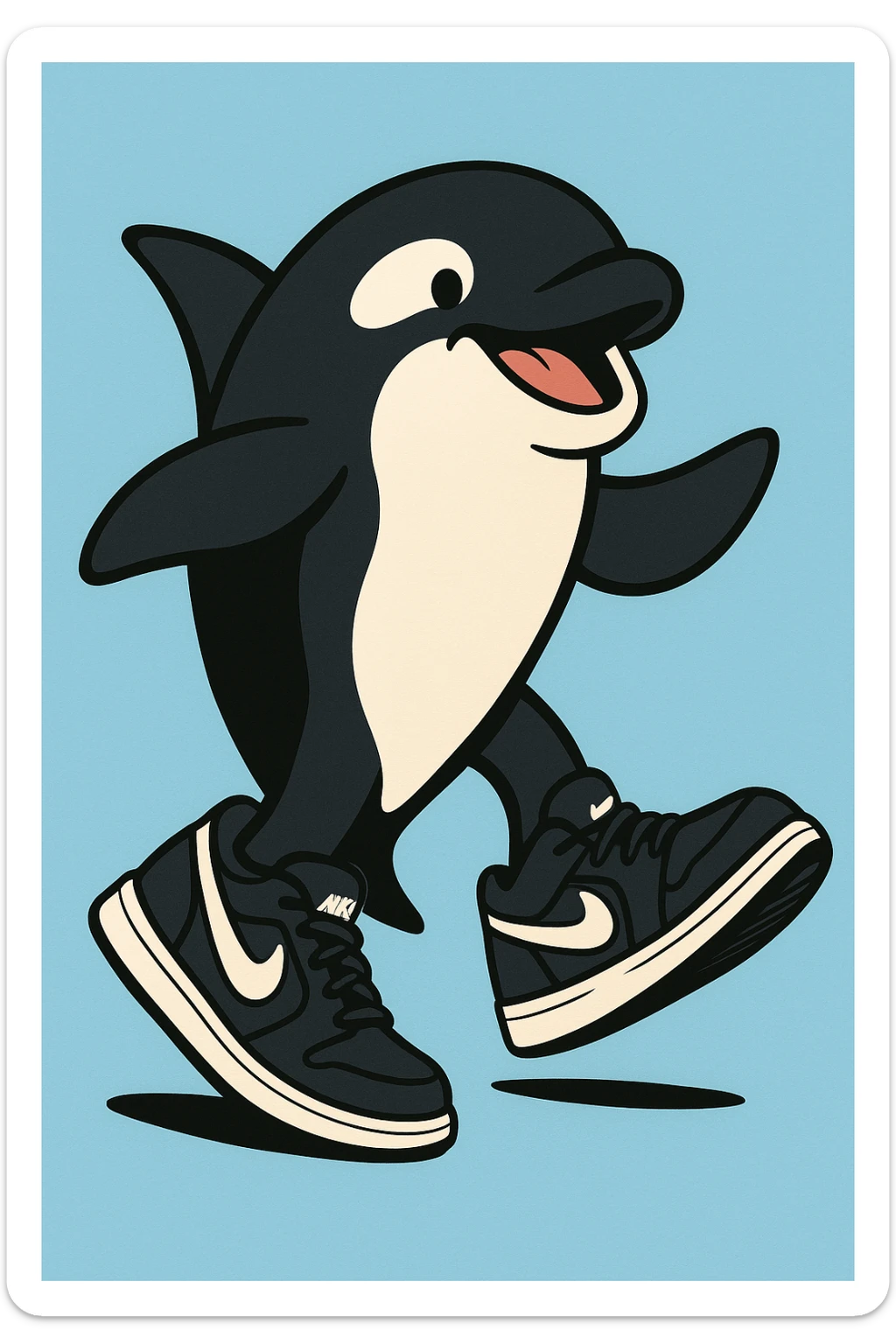 full body playful orca wearing black and white Nike sneakers, focus on shoes, modern illustration style, clean background sticker