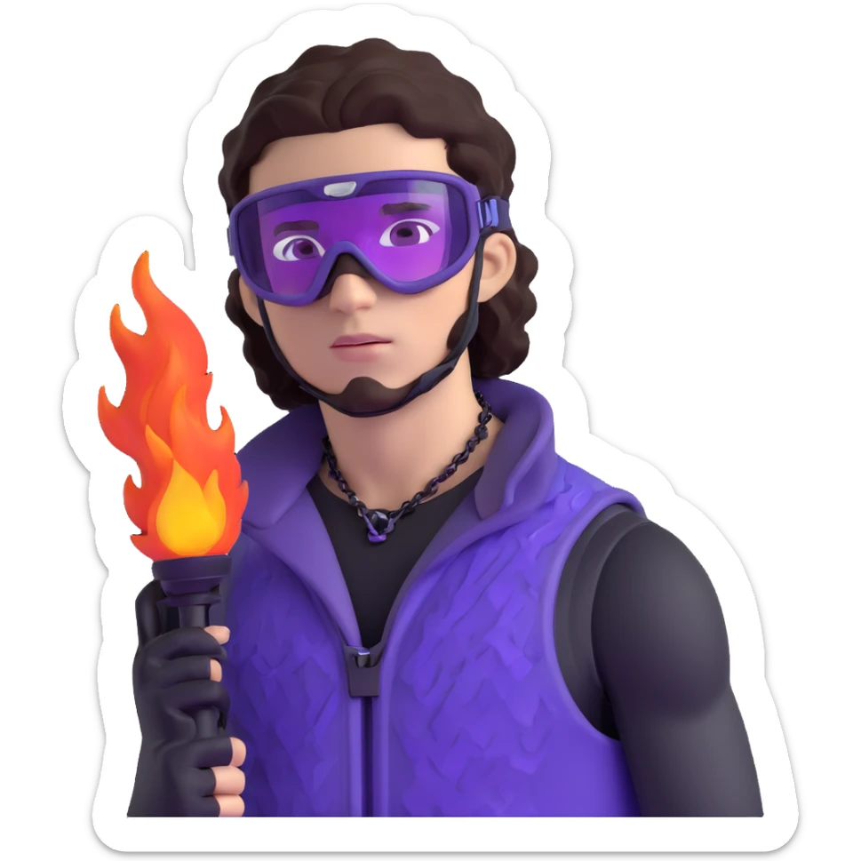 close-up of bad guy male athlete with white skin and moderately curly dark brown hair on top with shaved sides, wearing ski goggles with purple frames and very dark black lenses, a simple plain black chain necklace, and a completely unzipped sleeveless vest with purple and black sequin fire pattern design with no logo, with an extremely arrogant sneer on his face, looking menacing and villainous, exuding overconfidence and a threatening aura sticker