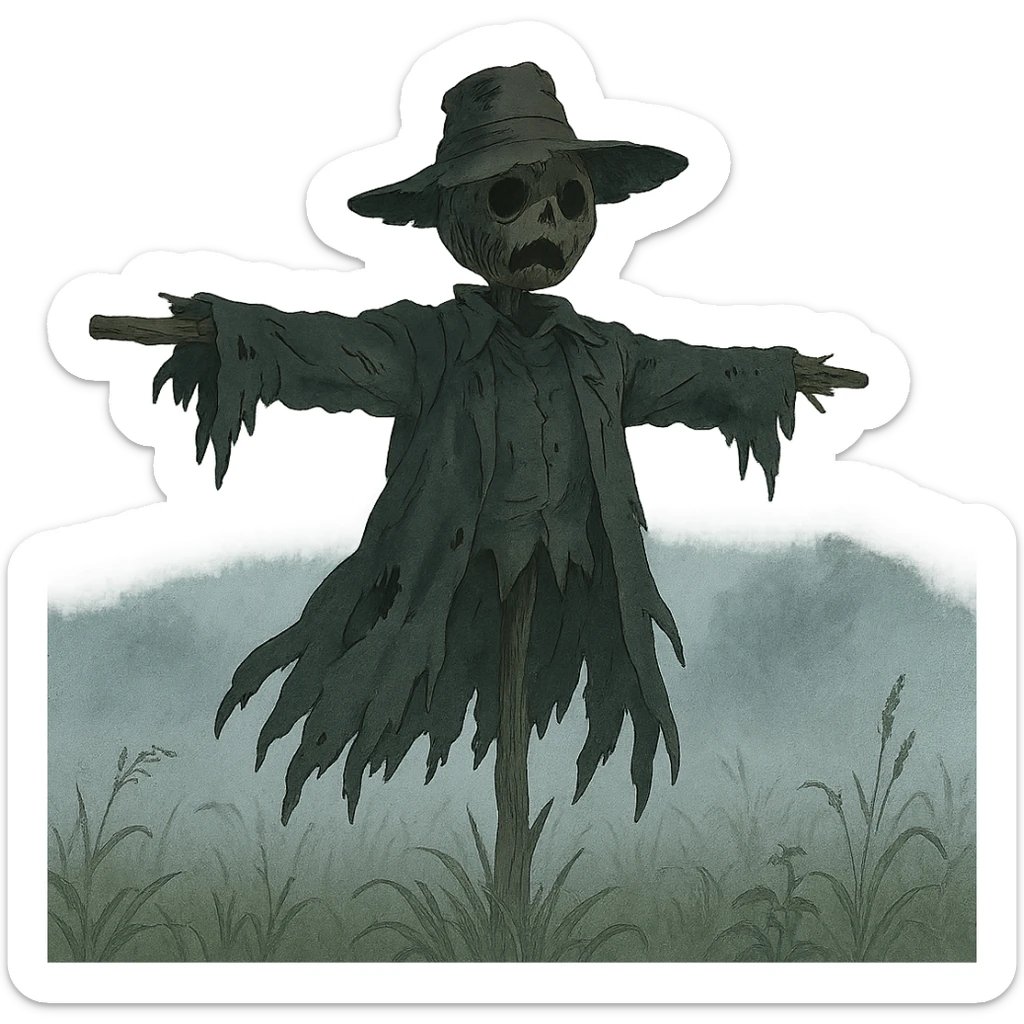 creepy scarecrow in a foggy field, tattered clothes, ominous presence sticker