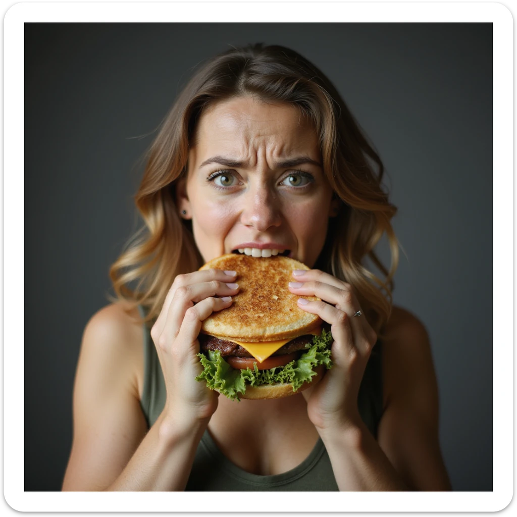 hyperrealistic image of a woman with an agitated expression holding a huge sandwich and biting it, nervous hunger, white background, variation 5 sticker