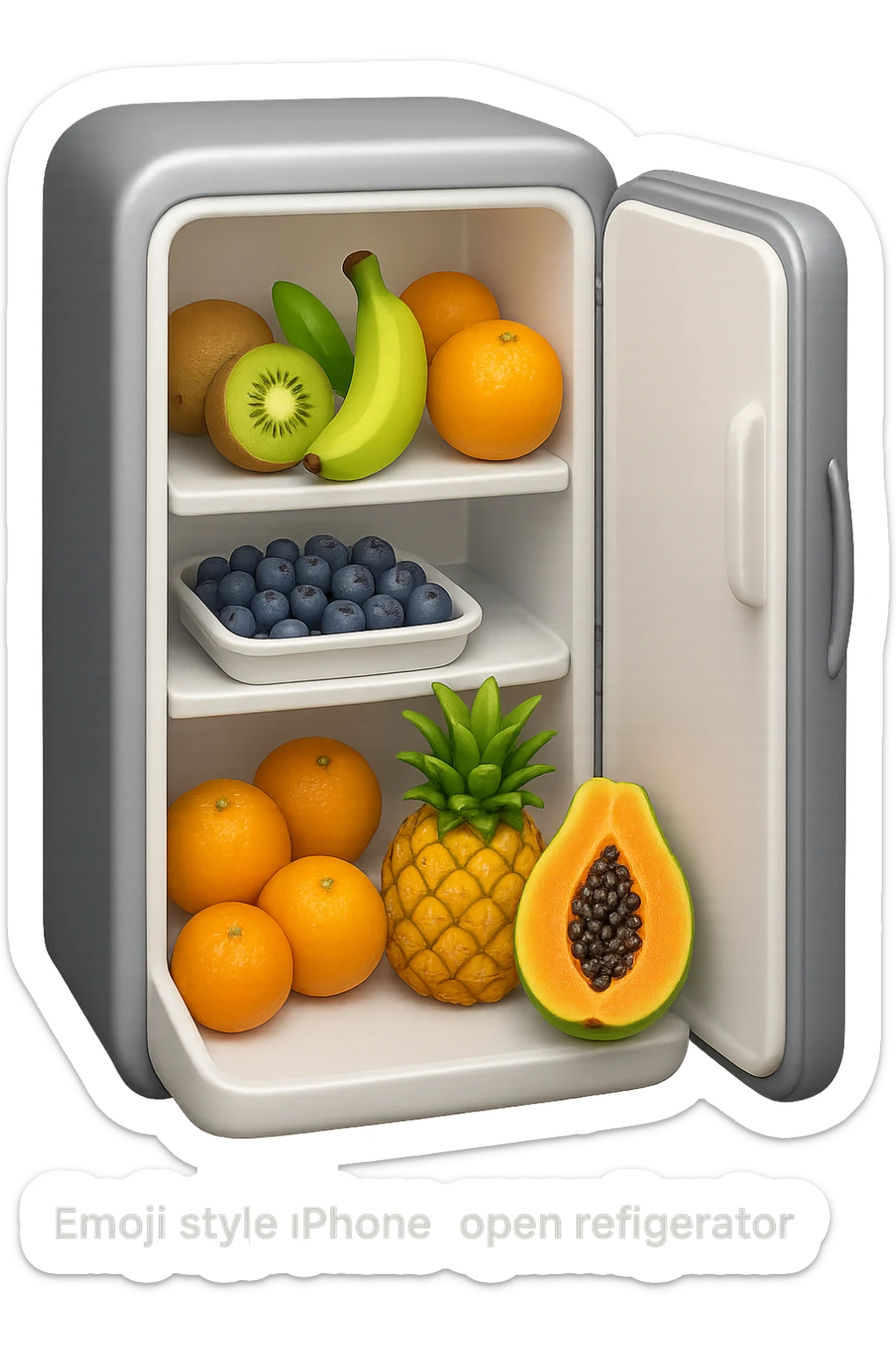 emoji stile iphone di un frigo aperto con dentro ben visibili questi alimenti: Kiwi
Banana acerba
Arance e mandarini
Mirtilli
Ananas
Papaya
IPERREALISTICO 4K sticker