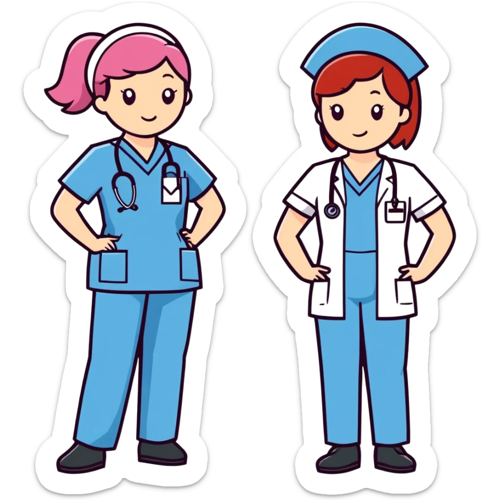 One short white male nurse in blue scrubs then one white tall red headed nurse in purple scrubs and one black nurse in pink scrubs sticker