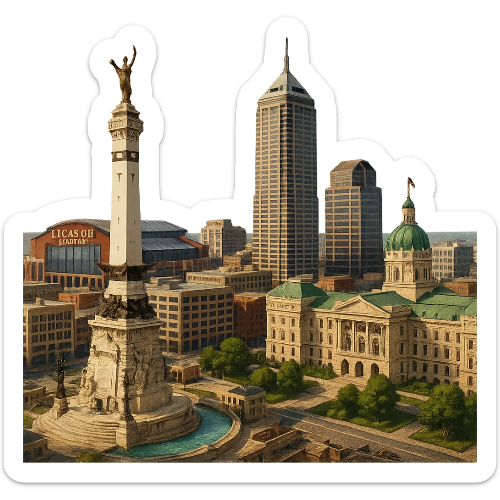 cinematic realistic emoji of Indianapolis, wide city view with iconic landmarks including Soldiers and Sailors Monument, Lucas Oil Stadium, OneAmerica Tower, Indiana State Capitol, lifelike detail, accurate colors, bright daytime lighting, no sky, no clouds, fully transparent background sticker