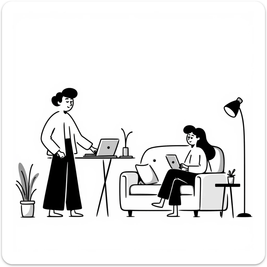 escenary 3d of a cozy mid-century living room with two people working on laptops, one man standing at a desk and one woman sitting on a couch, two walls and floor visible sticker