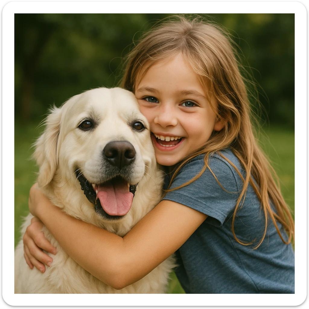 dirty blonde girl with long hair and dark blue eyes, hugging an English cream golden retriever, affectionate and playful sticker