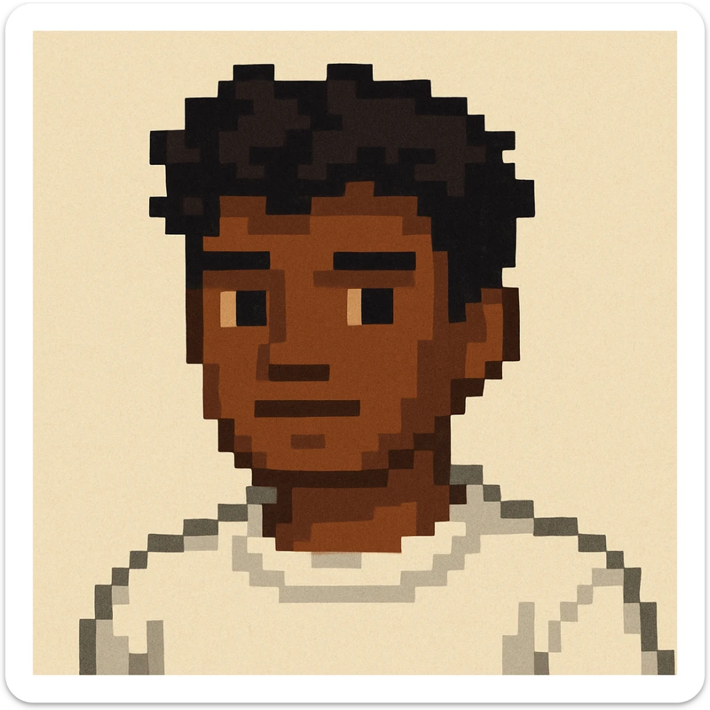 Make the boy slightly darker with tanned skin, keeping his black wavy hair, black eyes, no beard or mustache, and wearing a white sweatshirt. The style should resemble pixel art style. sticker