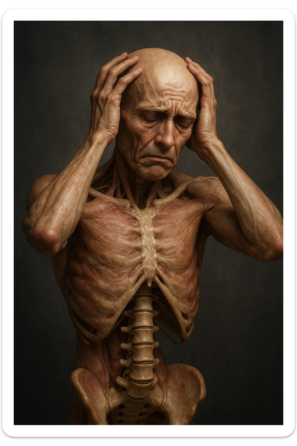 CORPO UMANO ANATOMICO con spina dorsale in evidenza, molto stanca e stressata mentre si tiene le mani sulla testa, IPERREALISTICO 4K sticker