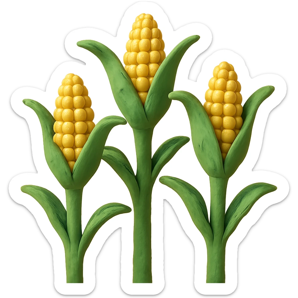 close-up of corn stalks with ears of corn, gentle sunlight, pastel background, claymation style sticker
