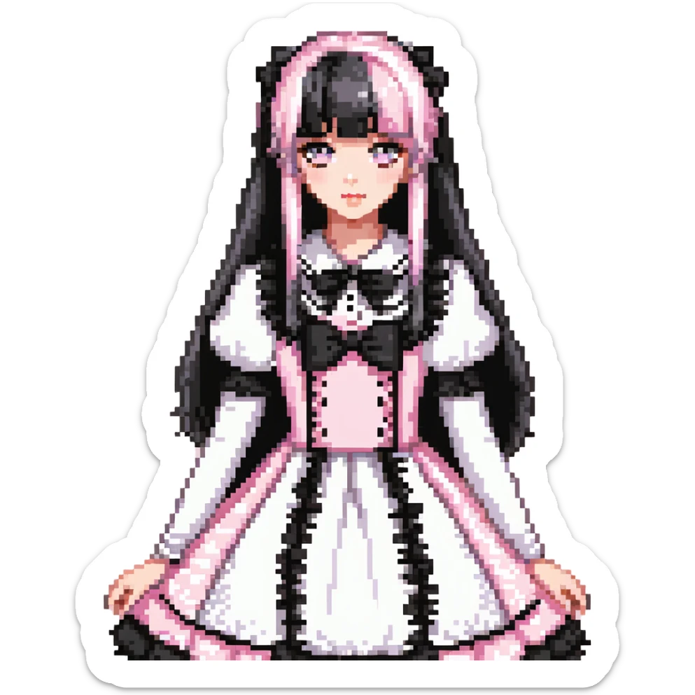 pale girl with straight long black and baby pink swirled hair with bangs, grey eyes, doll-like makeup, wearing a light pink lolita hime gyaru dress, pixel art style sticker