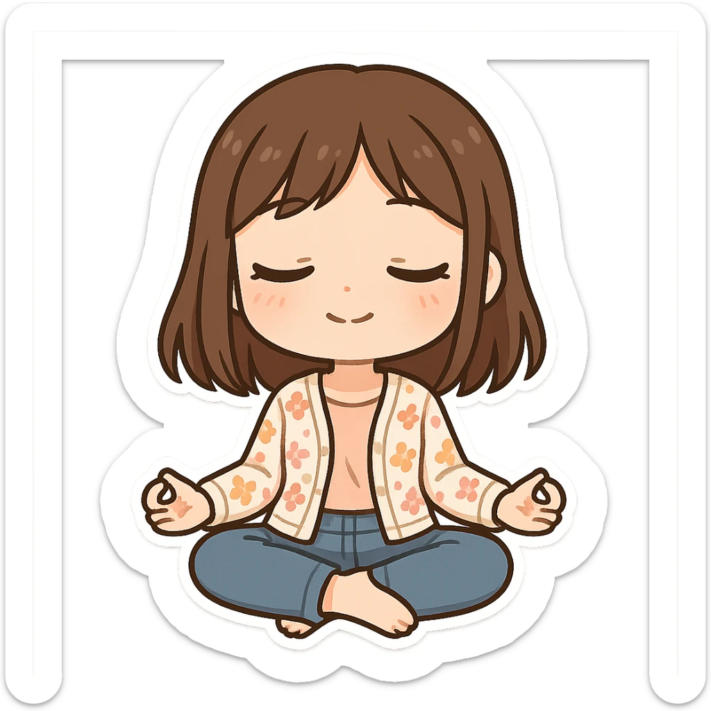 chibi sticker of a girl with brown straight hair and brown eyes, wearing a pastel floral cardigan and jeans, doing yoga in lotus pose, white outline, transparent background, 512x512px sticker
