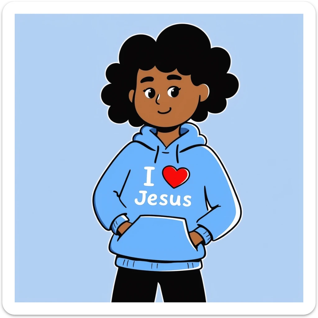 dark skin girl with dark brown short curly hair, blue hoodie, 'I heart Jesus' text visible sticker