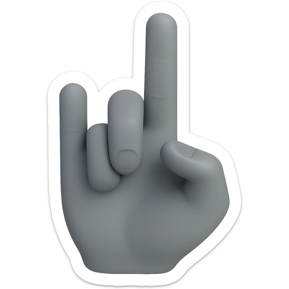 Change the hand color to a cool gray tone, keep the back of the hand visible, only ring and index fingers raised, middle finger bent, no background, style consistent with the original image. sticker