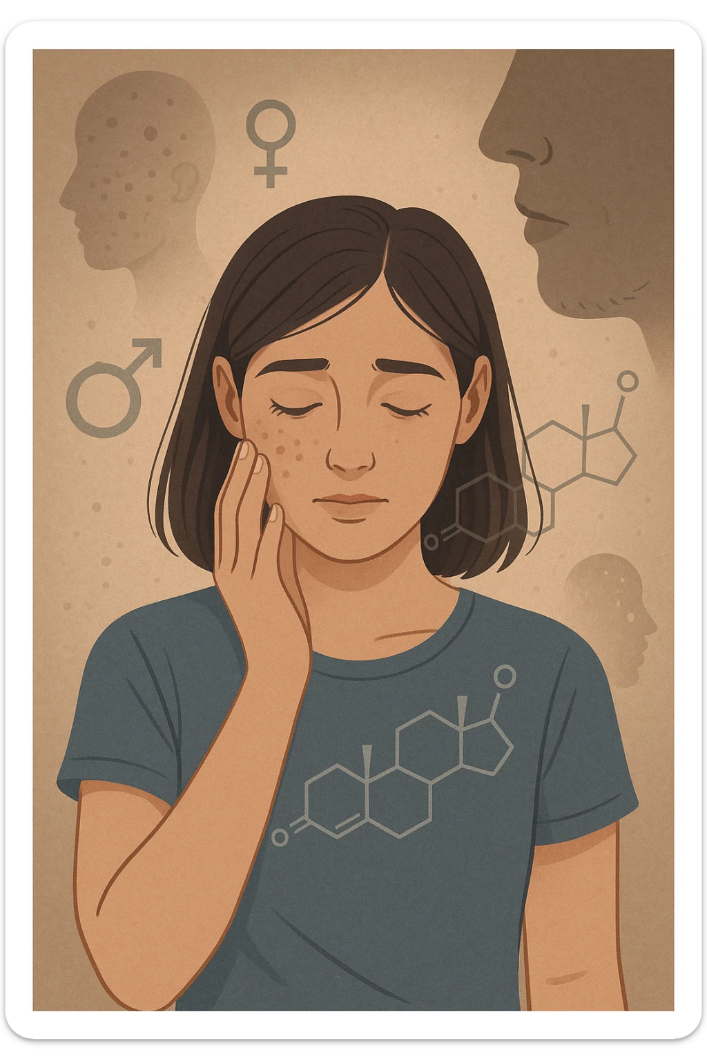 A young woman is surrounded by faint overlays of hormonal symbols and androgen molecules, with shadowy images of acne, facial hair, and oily skin projected around her, symbolizing the symptoms of PCOS with androgen excess. She looks down, gently touching her face with a resigned but hopeful expression, symbolizing her journey toward managing these symptoms. in italiano sticker
