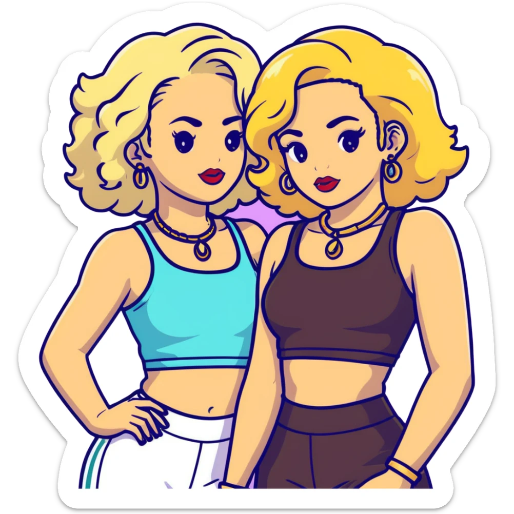 Two teenage girls together, one white with straight blonde hair and one brown-skinned with curly dark hair, both with heavy makeup, big lips, crop tops, gold jewelry and flashy choni style outfits sticker
