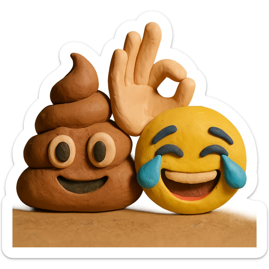 merged emoji of poop emoji, OK hand emoji with light skin tone, and face with tears of joy emoji in claymation style, all features present sticker