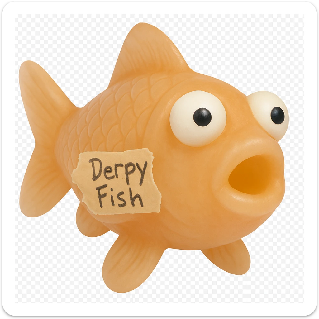 Soften the color of the bright orange fish, make the 'Derpy Fish' writing on the masking tape slightly more sloppy, and have the tape look torn and partially peeling off, not fully stuck on. Adjust the fish so it looks closer to facing the camera. The fish should be somewhat transparent with a retro 90's toy look, derpy eyes, soft plastic appearance, soft reflections, soft and squishy texture, some cloudiness, not shiny, highly detailed and appealing. The masking tape should look realistic, torn, and partially peeling off the fish. Remove the background. sticker