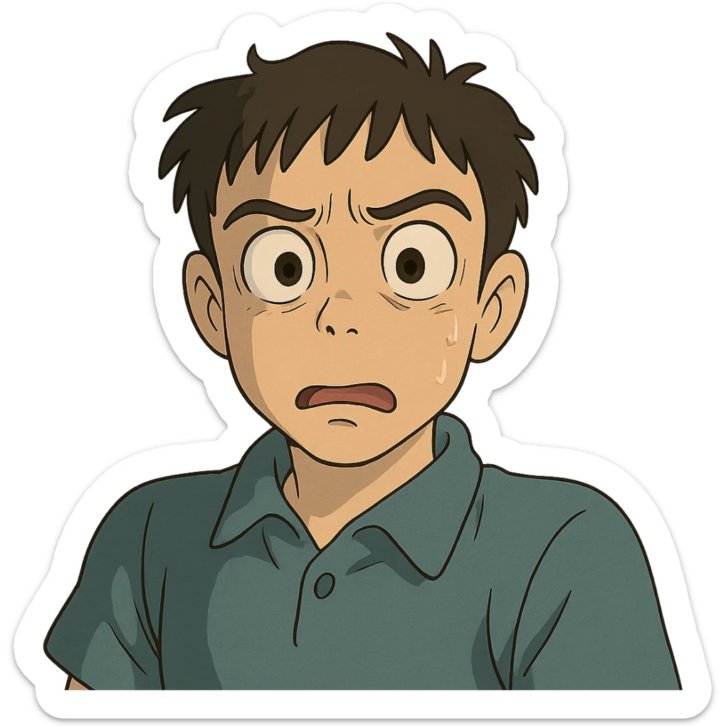 ghibli style suspicious anime face with wide eyes, surprised and confused expression sticker