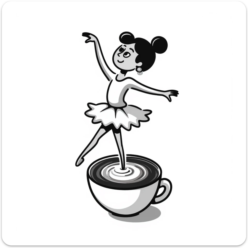 Elegant ballerina dancer formed from cappuccino foam art, pirouetting on top of coffee sticker