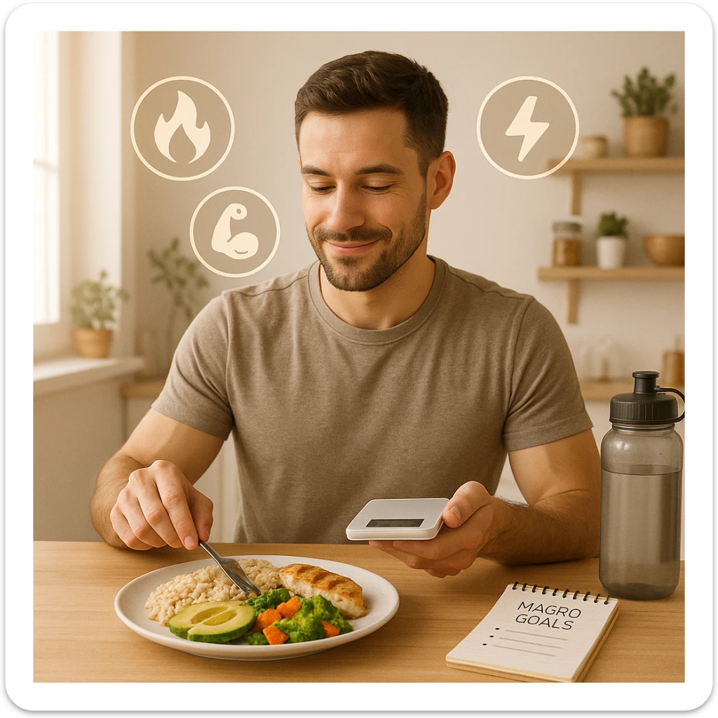 A fit man in his early 30s, sitting calmly at a clean wooden kitchen table, adjusting his meal portions with intention. On the plate: whole grain rice, avocado slices, grilled chicken, and olive oil drizzled vegetables — slightly more than a normal serving, symbolizing a small caloric surplus. He’s holding a digital food scale and smiling slightly, showing confidence. Around him float clean icons of metabolism, muscle growth, and energy. Background: bright morning light, minimalistic kitchen with fitness and wellness elements (e.g. a water bottle, notepad with 'macro goals', and healthy food on shelves). Style: semi-realistic, lifestyle photography look, warm tones, high detail sticker