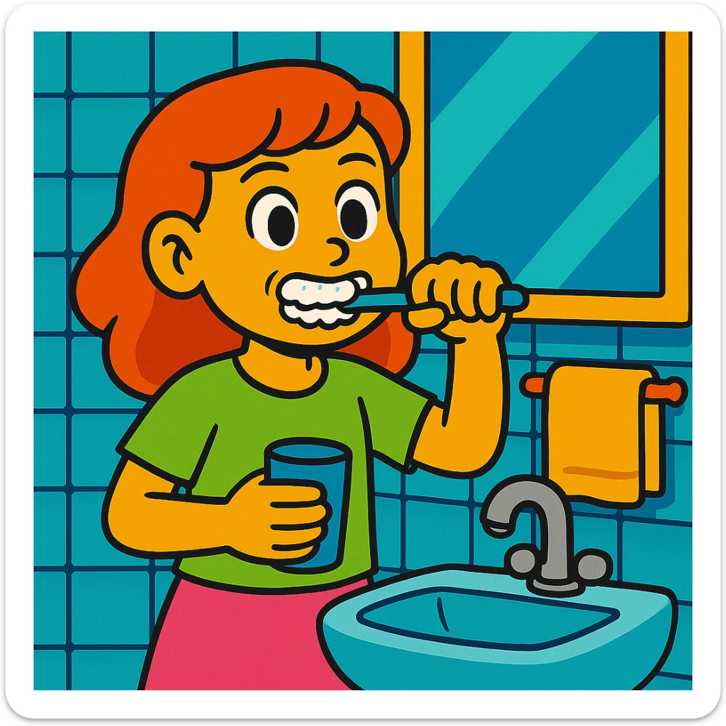 Change the scene so the girl is brushing her teeth, holding a toothbrush and brushing her teeth, with a bathroom background instead of the closet, in the same vibrant toon cartoon style. sticker