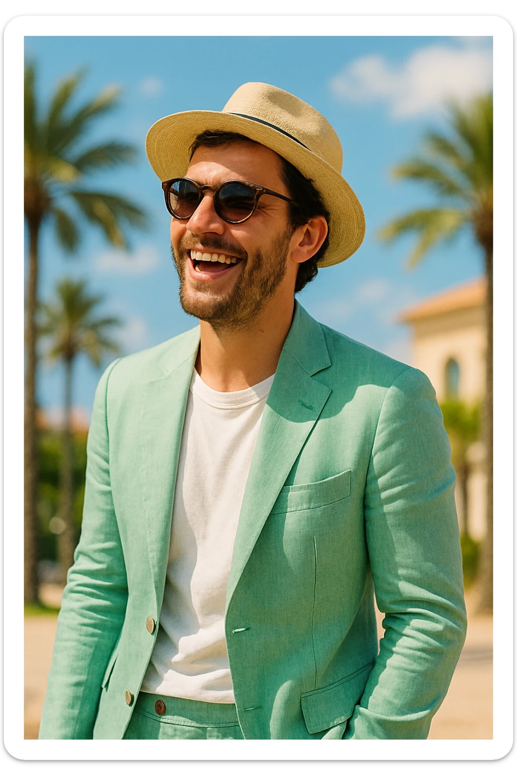 man in a mint green linen suit, sunglasses, straw hat, cheerful and summery sticker