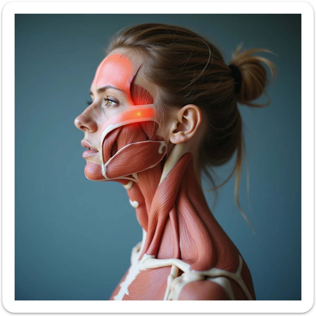 realistic anatomical standing view of a woman with head and neck muscles highlighted, reddened head area, headache expression, clinical environment sticker
