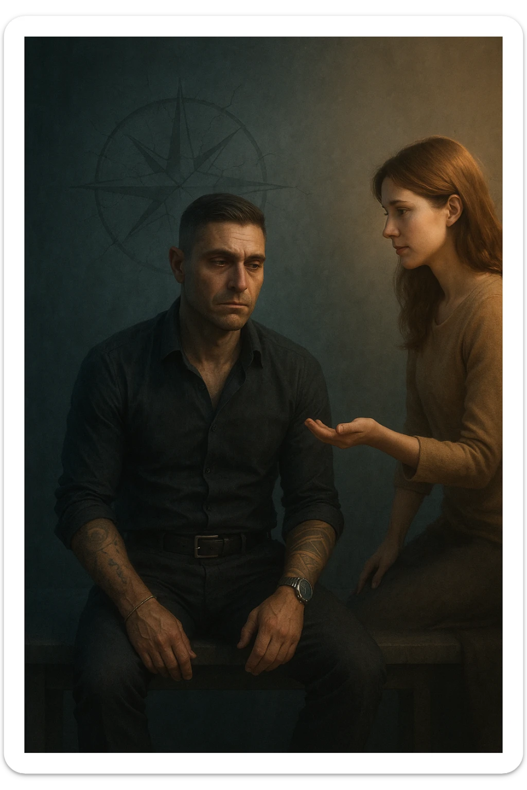 Uomo tra i 35 e i 45 anni seduto su una panchina o in una stanza tranquilla, sguardo rilassato ma spento, come sollevato nel mentale ma svuotato nello spirito. Davanti a lui una donna lo guarda con dolcezza, mano tesa come per offrire una soluzione. L’ambiente attorno all’uomo è grigio-bluastro, con la sua aura maschile che si dissolve leggermente, mentre intorno alla donna una luce calda e stabile. Sullo sfondo, un simbolo spezzato di bussola o direzione, a indicare la perdita di leadership interiore. Atmosfera riflessiva, stile realistico con simbolismi delicati sticker