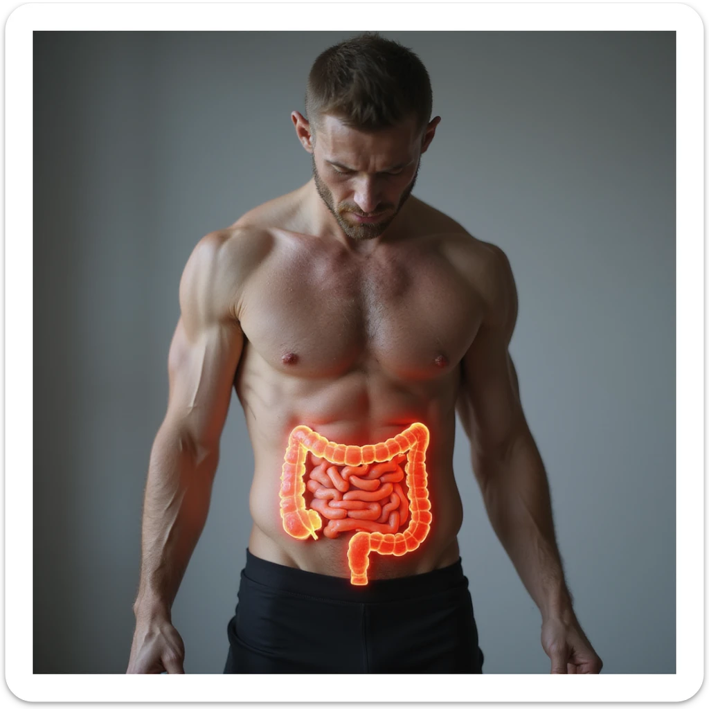 realistic man in sportswear, body showing signs of inflammation: swollen abdomen, reddened skin, intestine highlighted with red areas, atmosphere of discomfort, neutral background, 4K quality sticker