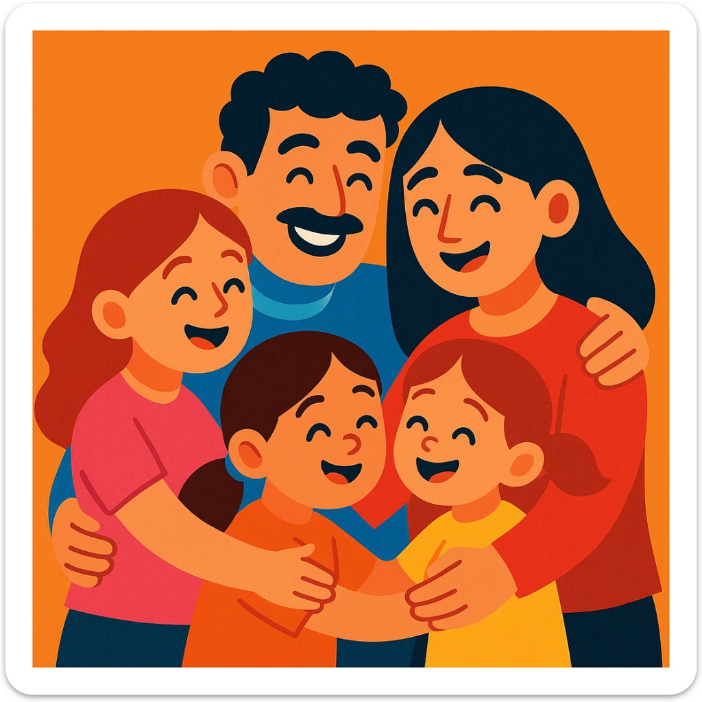 a colorful cartoon style family with dad, mom, and three daughters, all hugging sticker