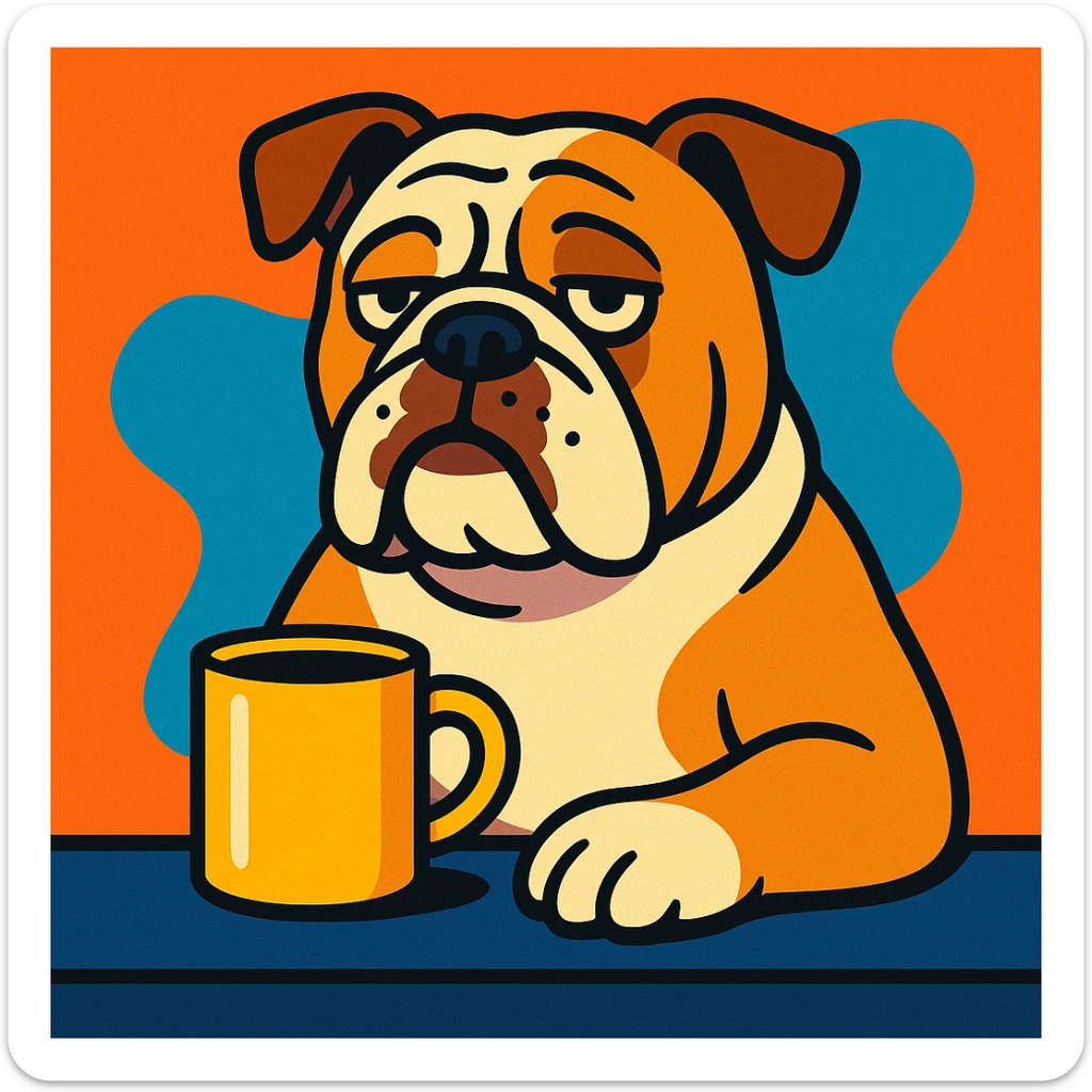 English Bulldog with a coffee mug, looking relaxed and waiting, vibrant cartoon style sticker