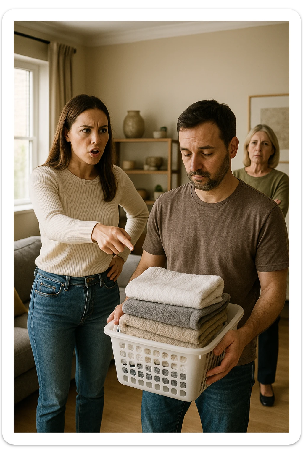 a woman stands assertively in the center of a living room, giving clear instructions to her partner. The man, with a submissive and resigned expression, follows her directions, perhaps holding household items or performing a chore. Behind them, an older woman (the mother-in-law) stands with crossed arms and a disapproving look, watching the scene unfold. The lighting is natural, and the atmosphere is tense but realistic. sticker