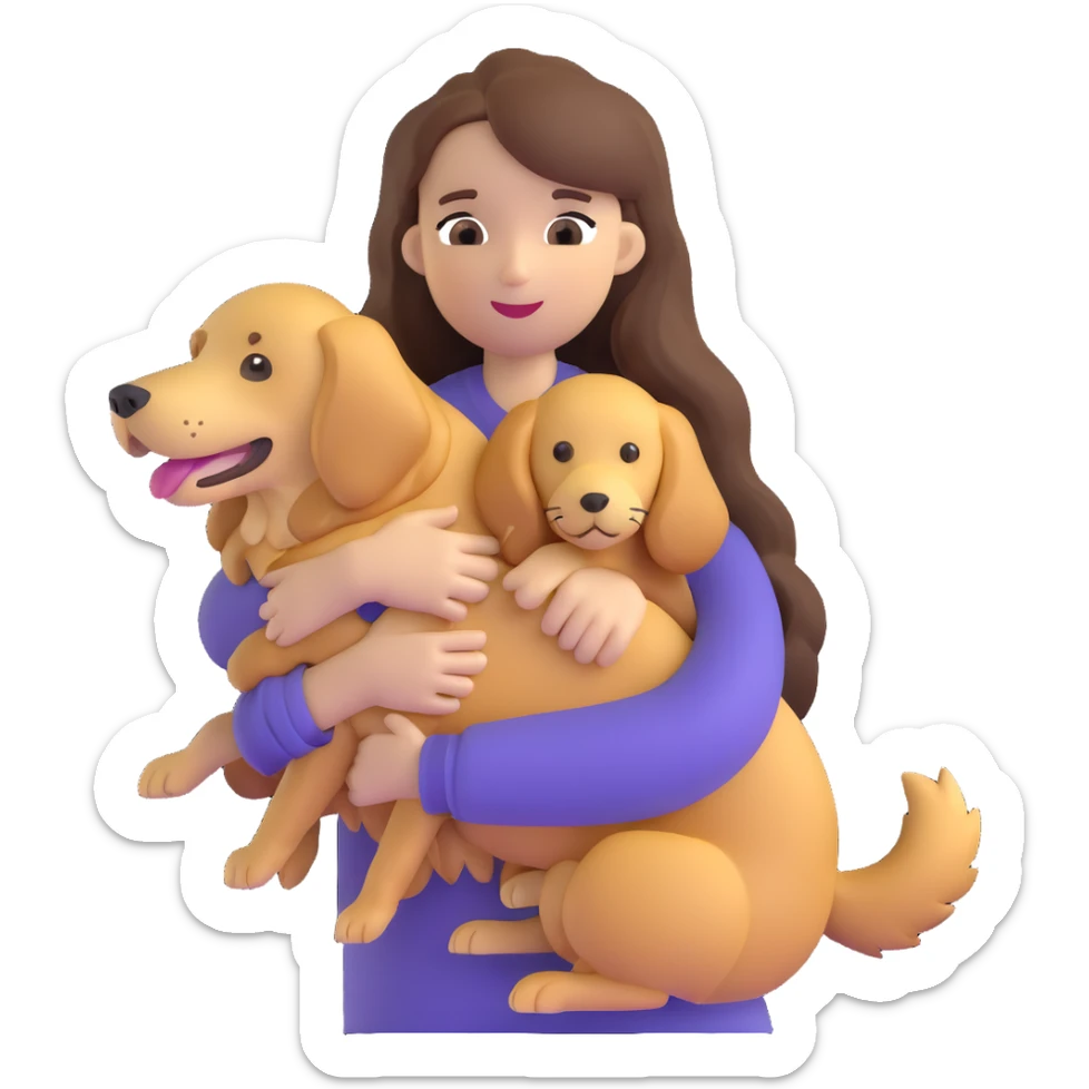 woman with long brown hair holding a golden retriever dog in her arms sticker