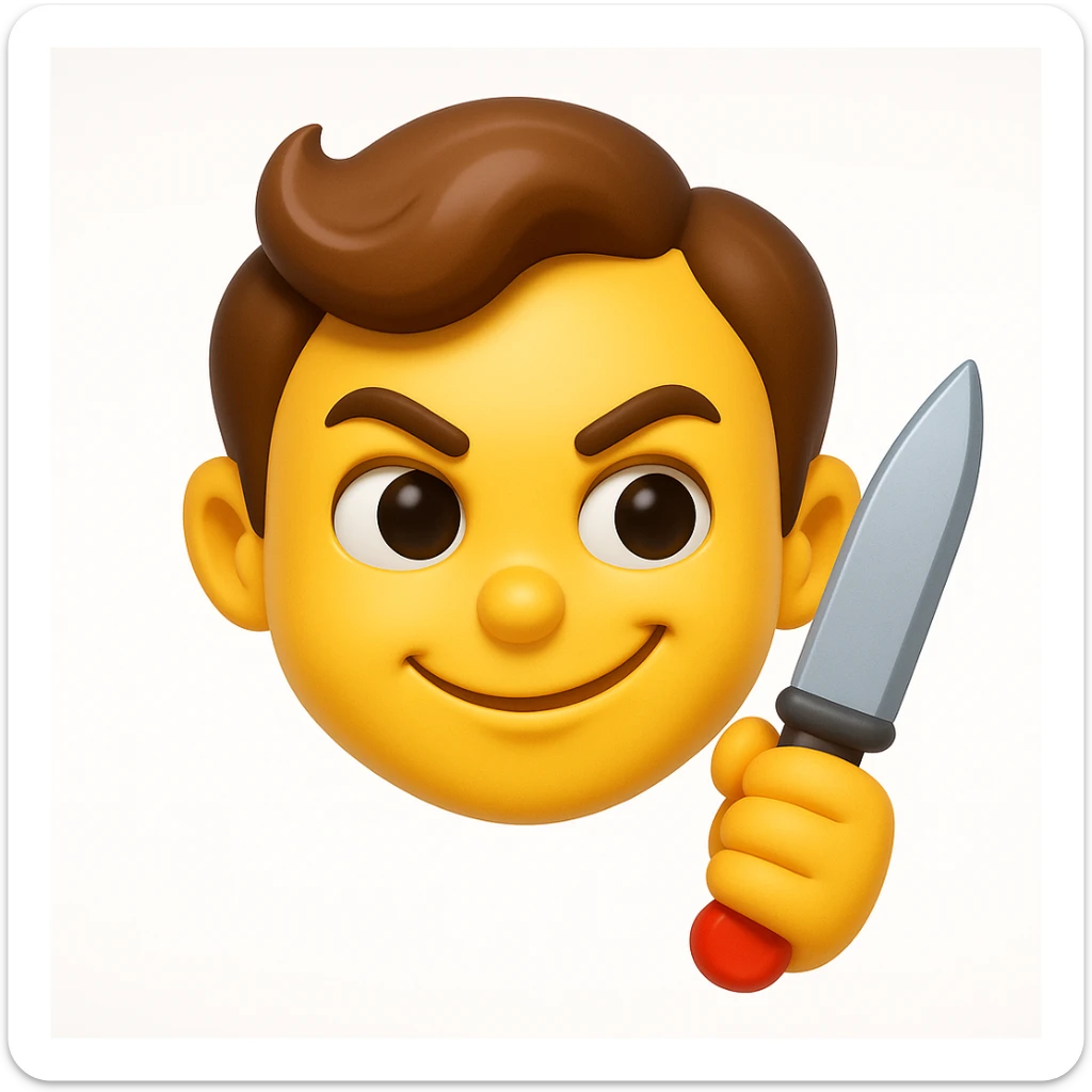 A 3D emoji in iOS emoji aesthetic style of a mischievous character holding a toy knife, with a playful smirk and cartoonish expression, not scary, bright colors, glossy surface, soft lighting, clean white background.
 sticker