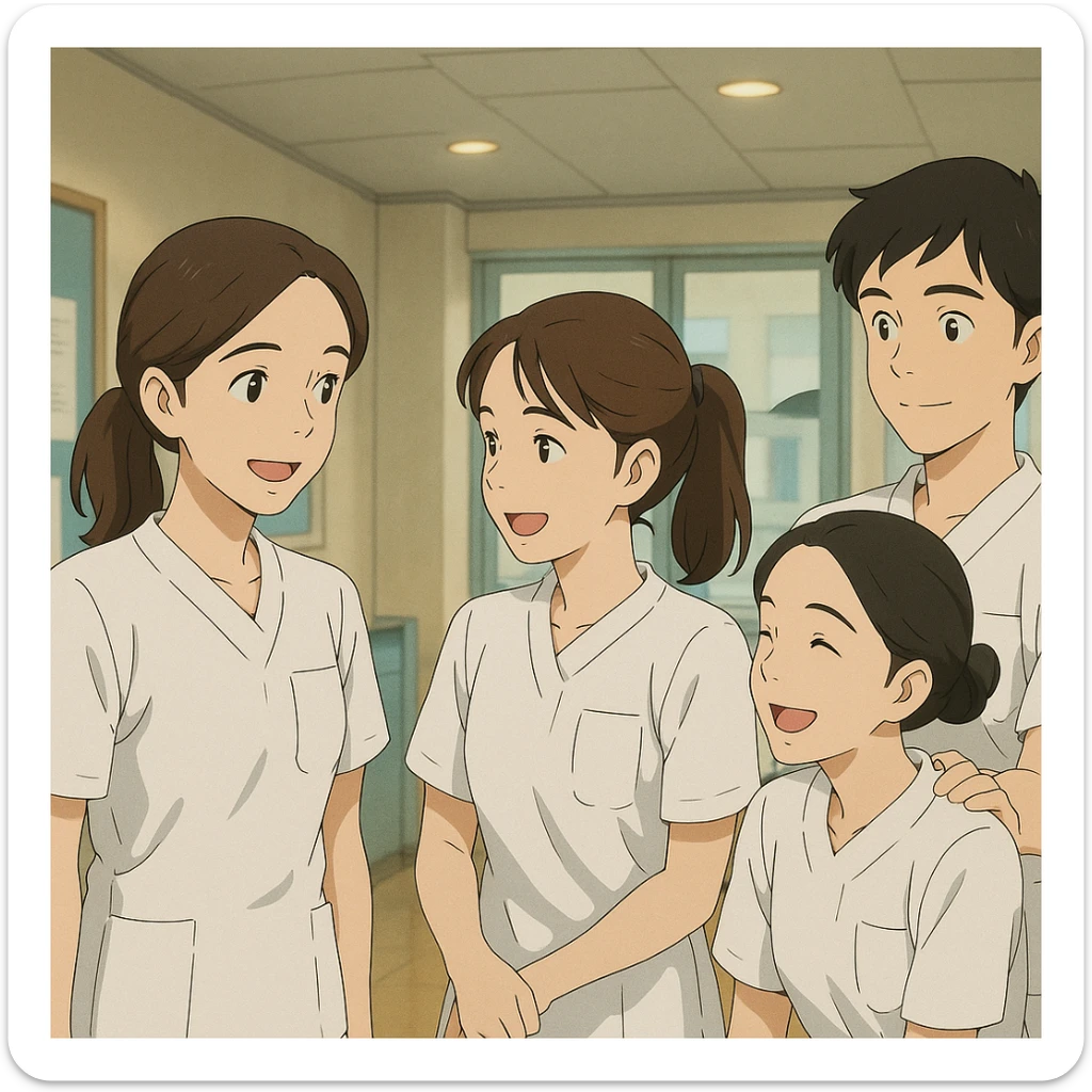 Quatre étudiants infirmiers, style Ghibli, inspirés des visages des photos, en interaction dans un environnement intérieur. Uniformes blancs, tuniques médicales col en V, poche poitrine à gauche, manches courtes, avant-bras nus, cheveux longs attachés, sans stéthoscopes ni pied de col. Ambiance d'équipe et de collaboration. sticker