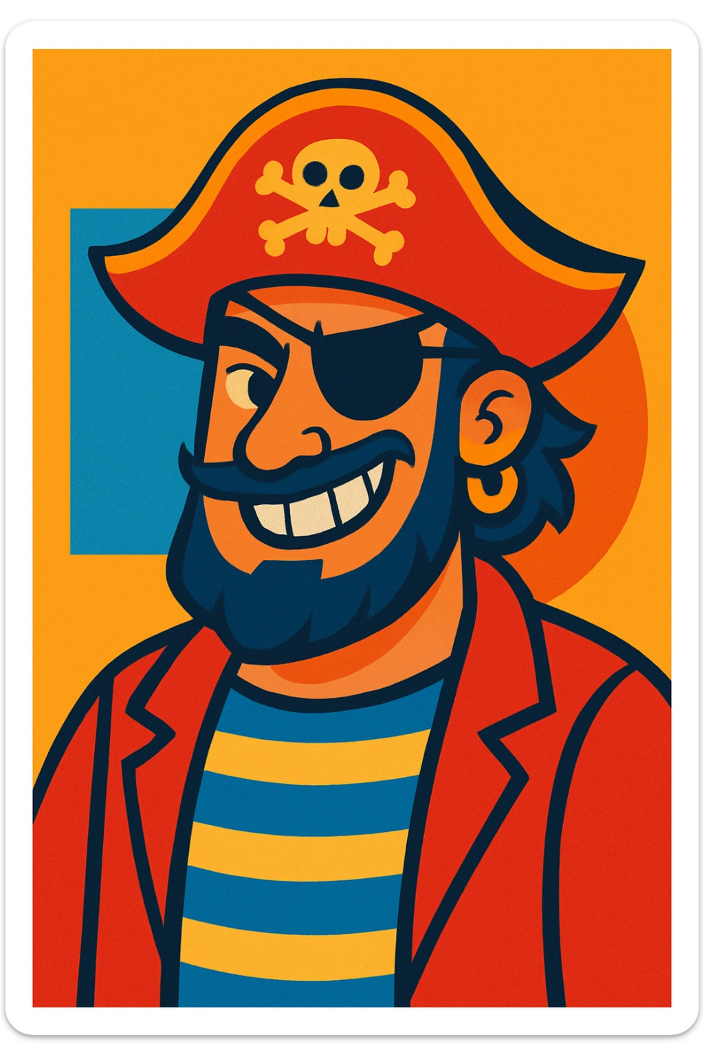 pirate with a smirk, eye patch, striped shirt, playful grin, vibrant toon style sticker
