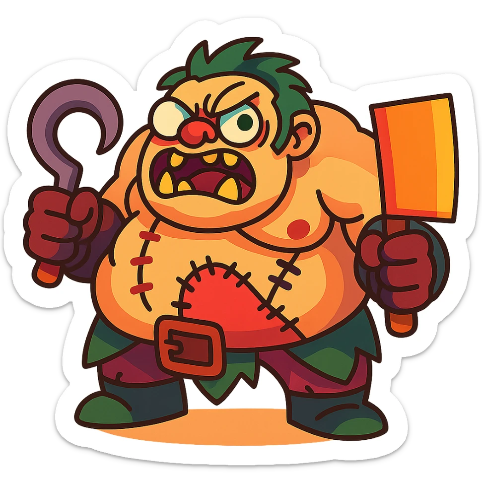 Cartoonish redesign of Pudge from Dota 2, exaggerated features, vibrant colors, playful style sticker